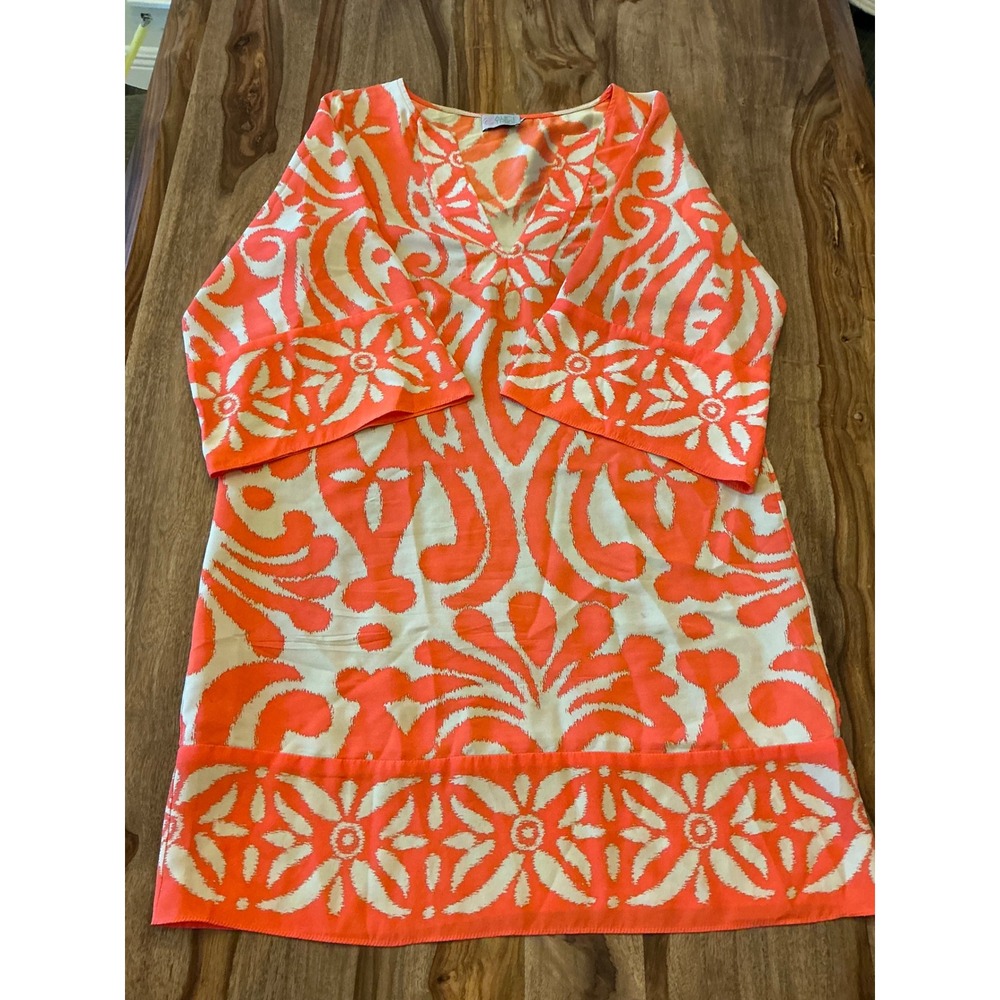 Alice & Trixie Silk Tunic Dress Medium Coral Orange Bell Sleeve Ikat Cover Up - Picture 13 of 15